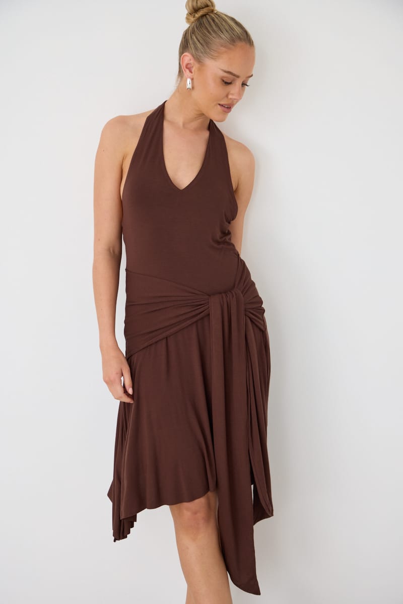 Brown Halter Neck Mini Dress Drape Detail for Ally Fashion