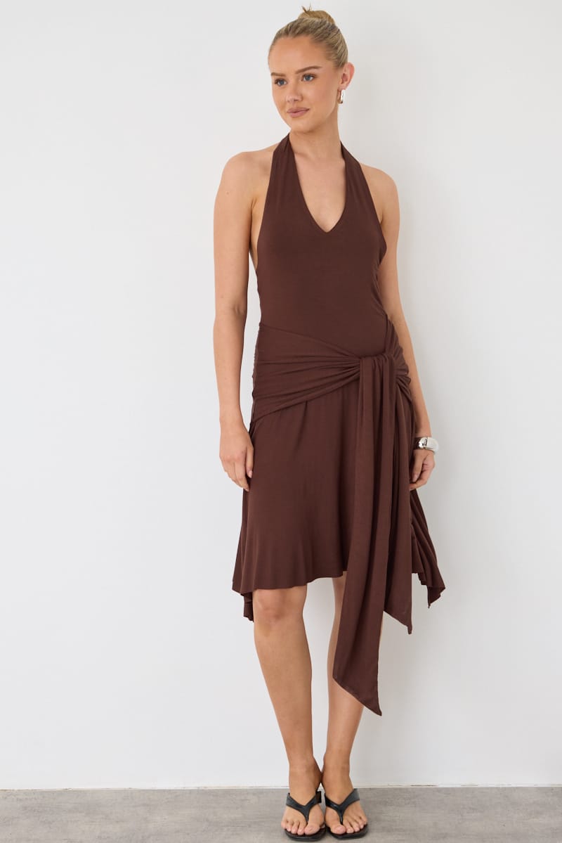 Brown Halter Neck Mini Dress Drape Detail for Ally Fashion