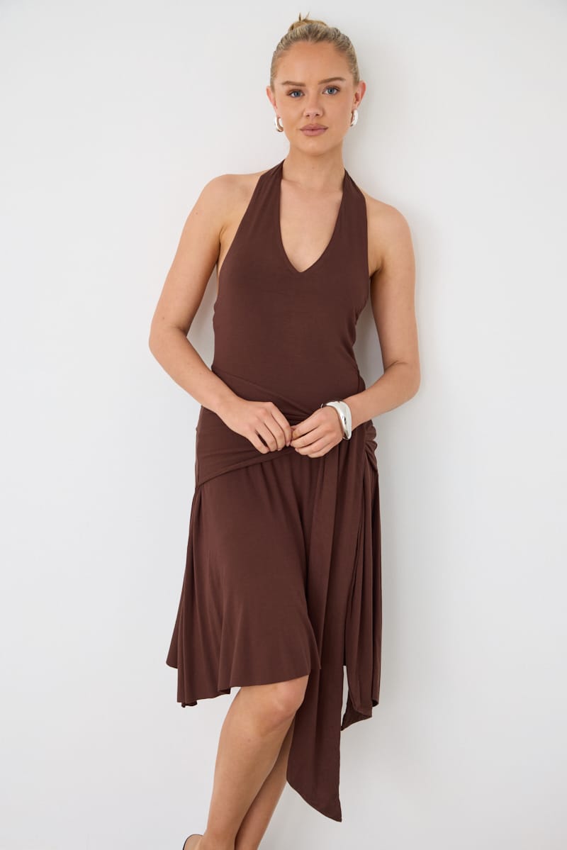 Brown Halter Neck Mini Dress Drape Detail for Ally Fashion