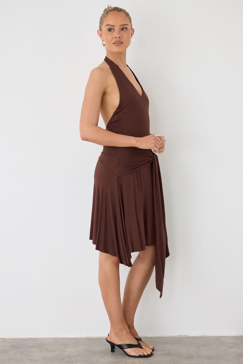 Brown Halter Neck Mini Dress Drape Detail for Ally Fashion