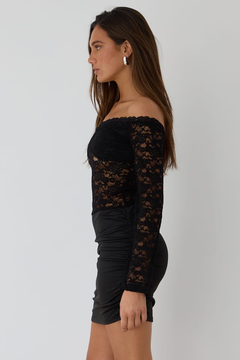 Black Lace Mini Dress Off Shoulder Long Sleeve for Ally Fashion