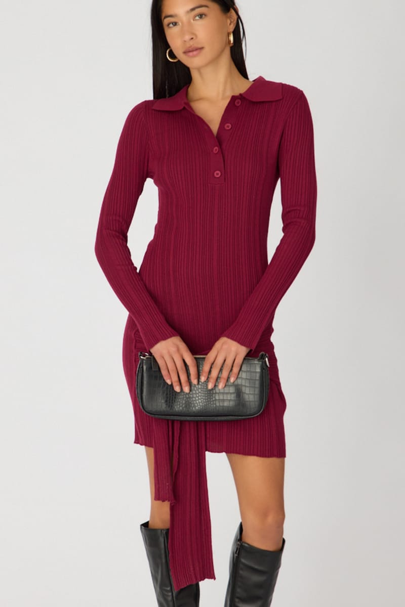 Red Knit Dress Long-Sleeve Mini Tie-Front Detail from Ally Fashion