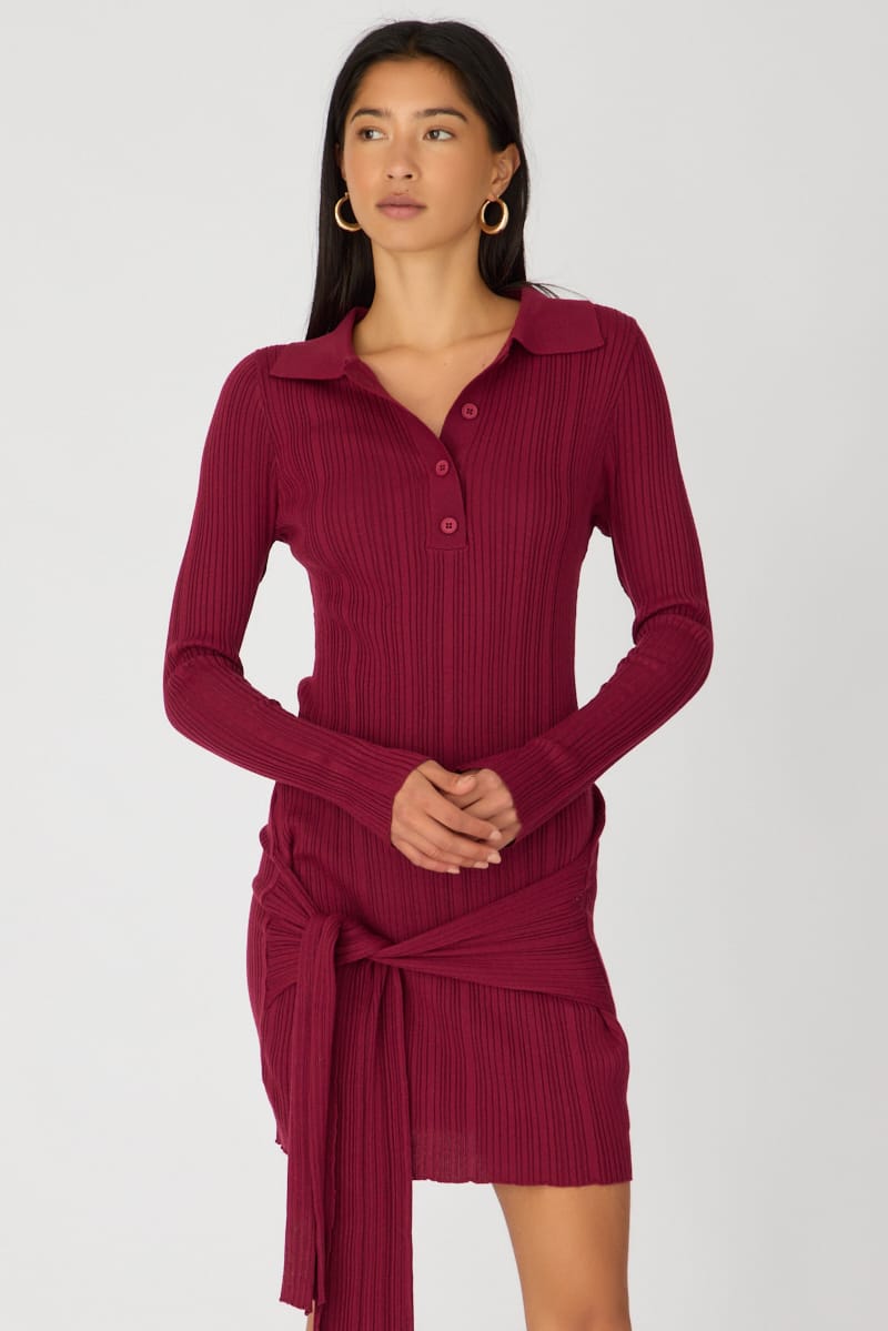 Red Knit Dress Long Sleeve Mini Tie Front Detail for Ally Fashion