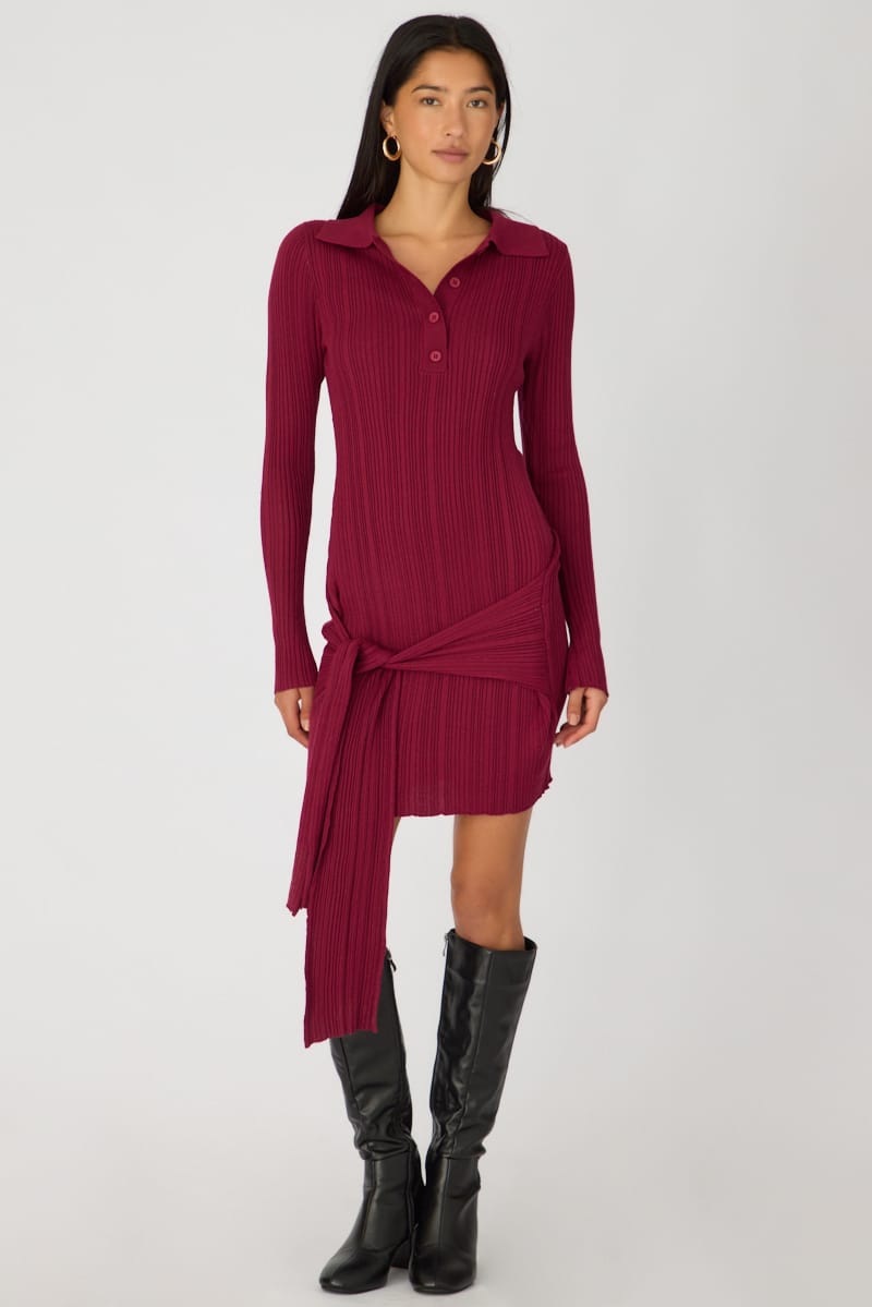 Red Knit Dress Long Sleeve Mini Tie Front Detail for Ally Fashion