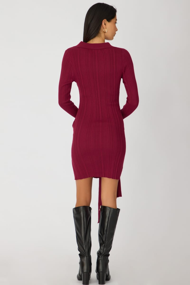 Red Knit Dress Long Sleeve Mini Tie Front Detail for Ally Fashion