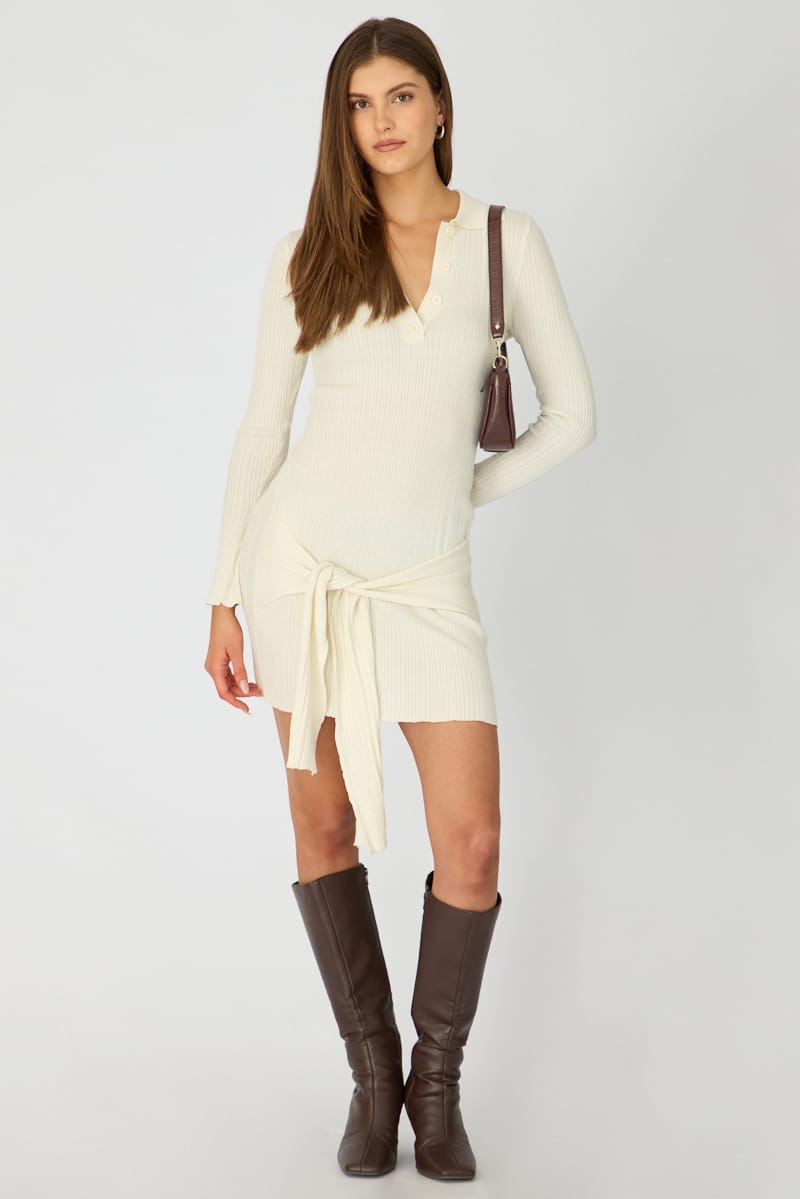 White Knit Dress Long Sleeve Mini Tie Front Detail for Ally Fashion