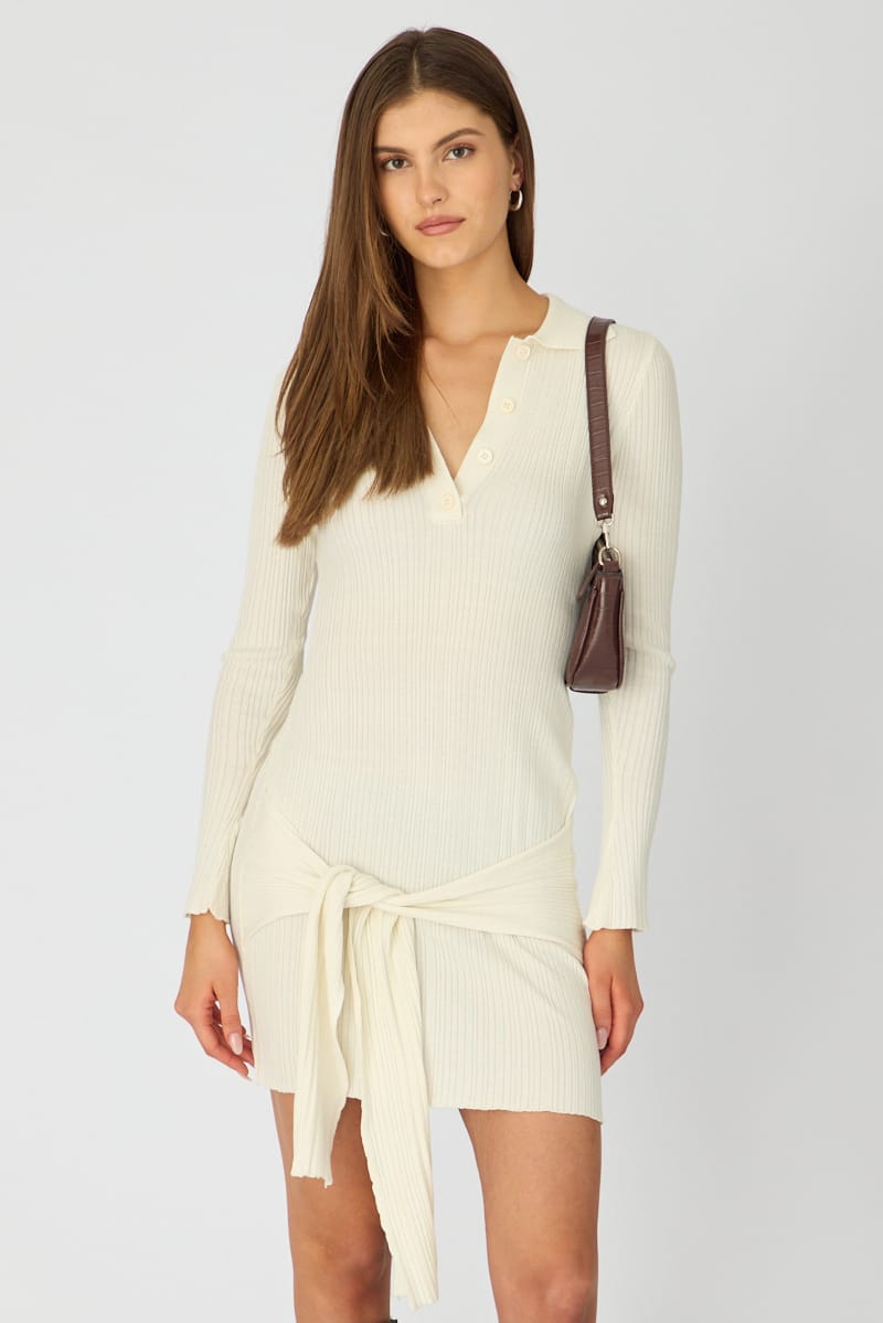 White Knit Dress Long Sleeve Mini Tie Front Detail for Ally Fashion