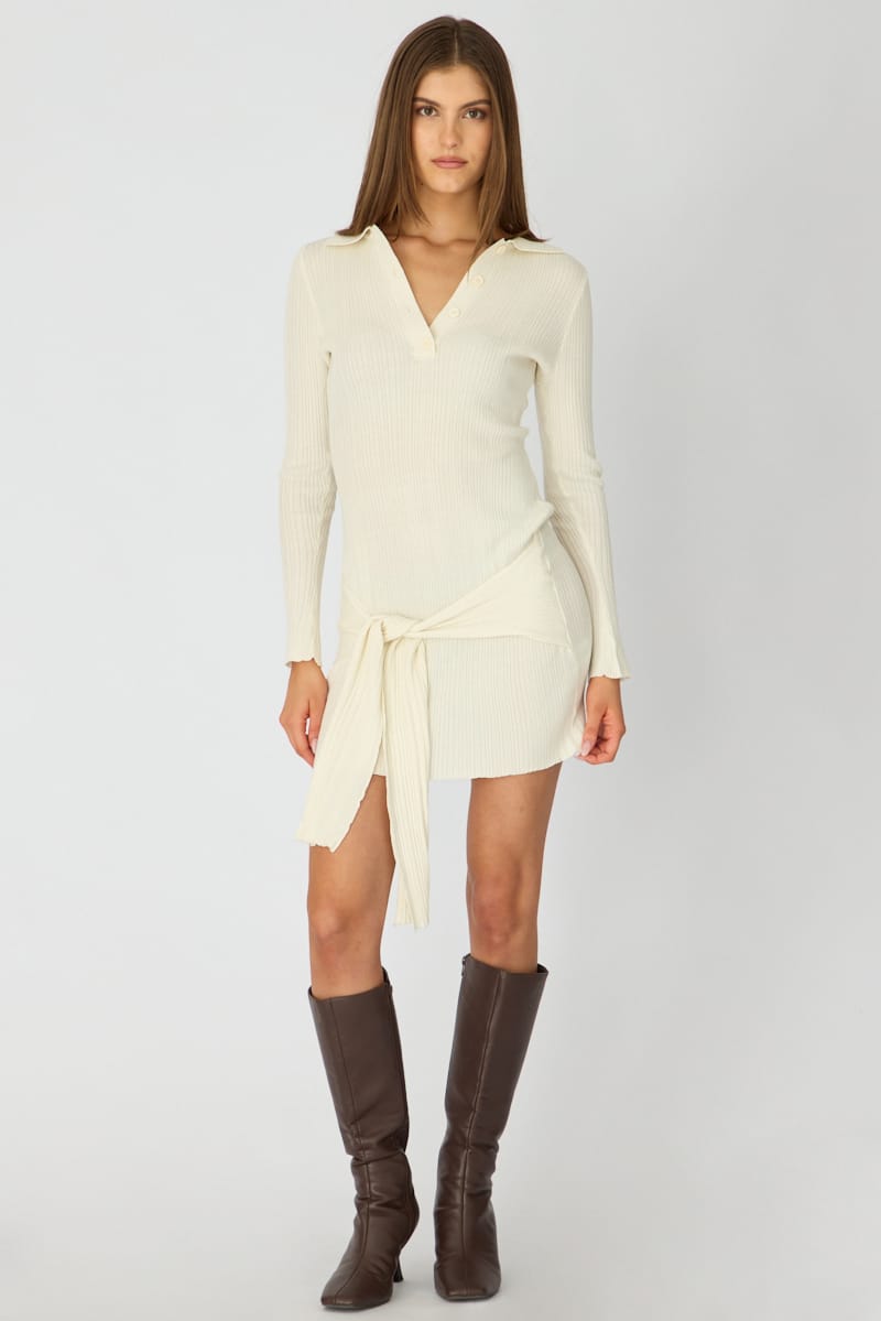 White Knit Dress Long Sleeve Mini Tie Front Detail for Ally Fashion