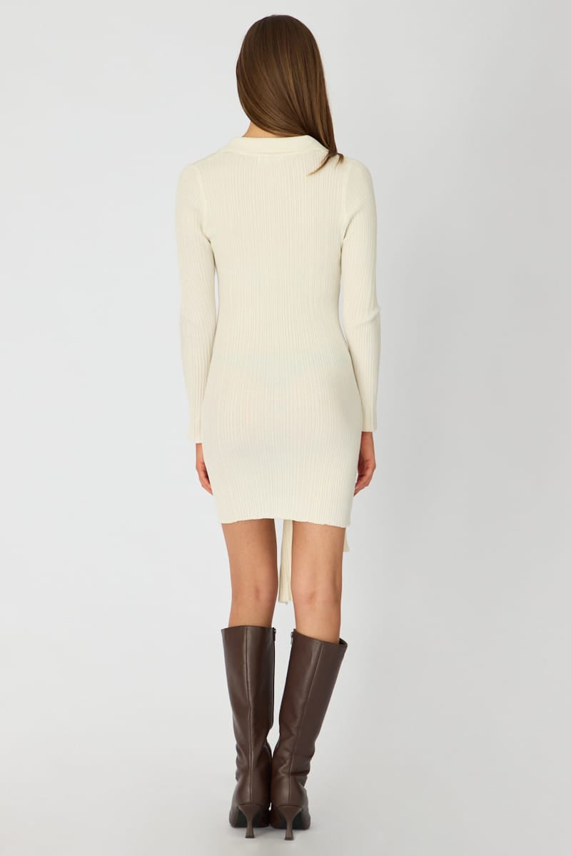 White Knit Dress Long Sleeve Mini Tie Front Detail for Ally Fashion