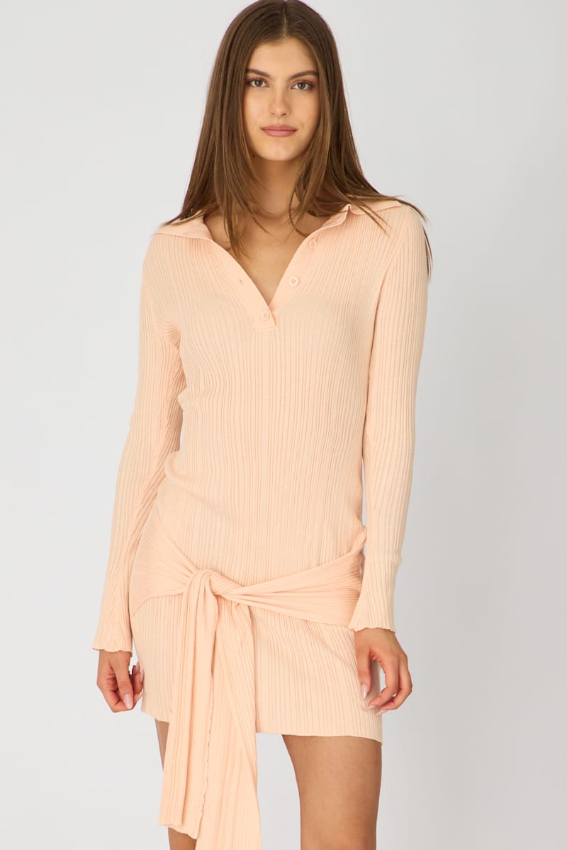 Orange Knit Dress Long Sleeve Mini Tie Front Detail for Ally Fashion