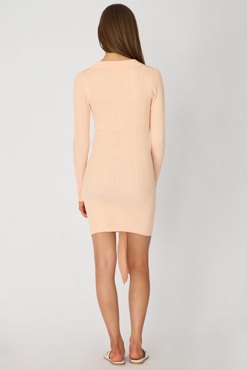 Orange Knit Dress Long Sleeve Mini Tie Front Detail for Ally Fashion