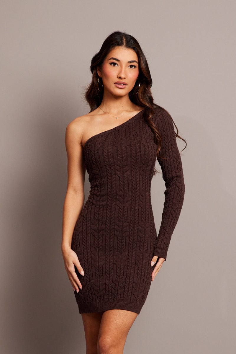 Brown One Shoulder Knitted Dress Long Sleeve for Ally Fashion