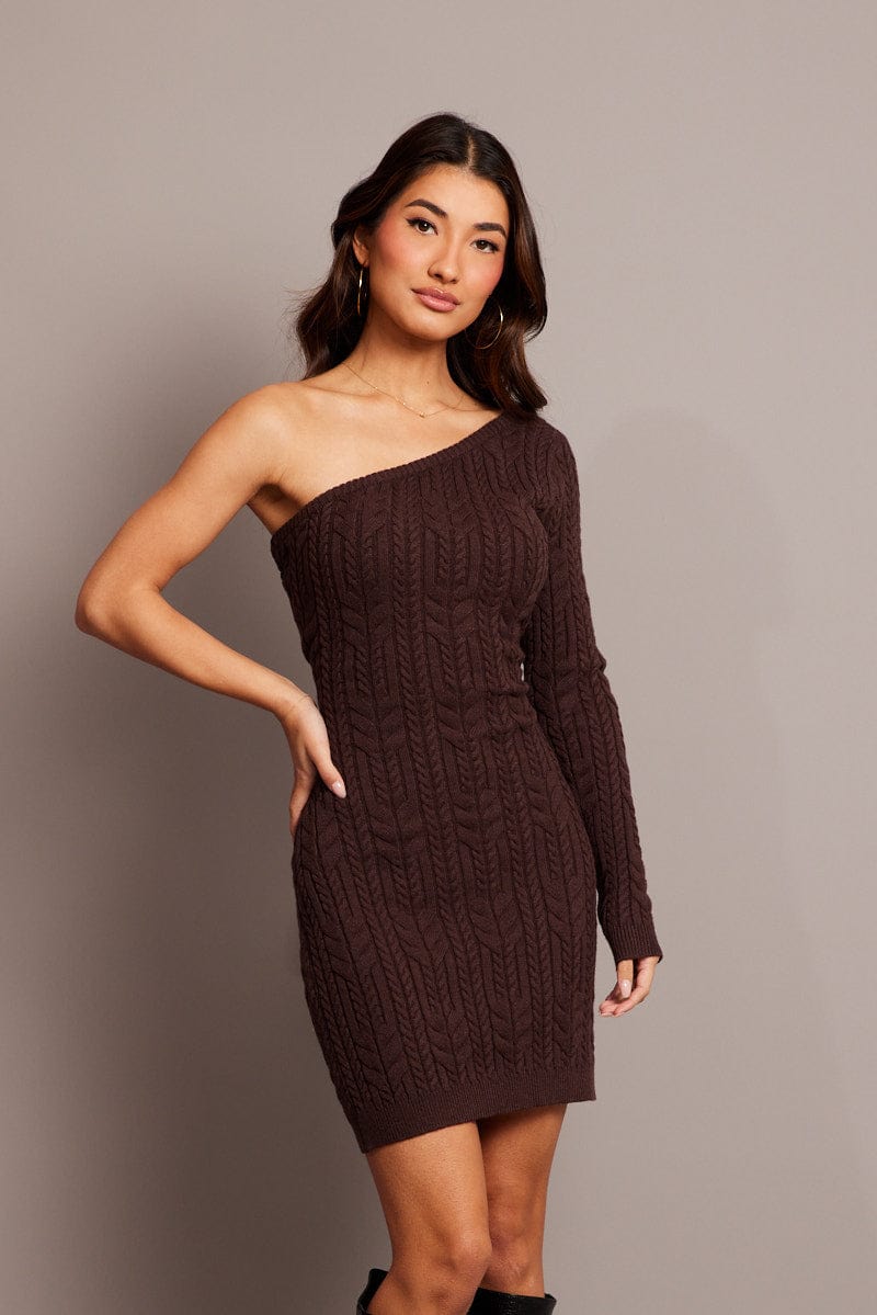 Brown One Shoulder Knitted Dress Long Sleeve