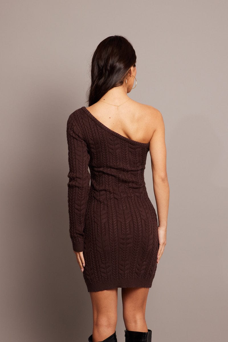 Brown One Shoulder Knitted Dress Long Sleeve for Ally Fashion