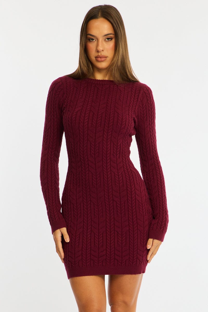 Red Knit Dress Long Sleeve Cable Mini for Ally Fashion