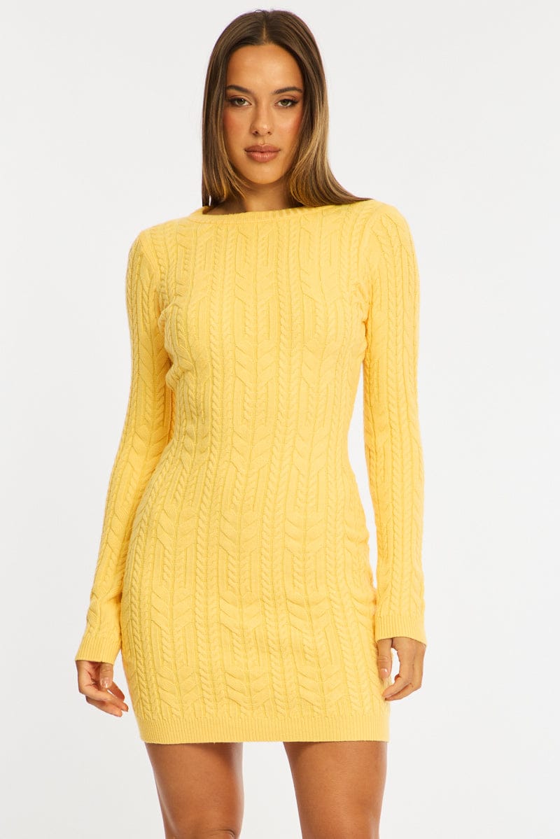 Yellow Knit Dress Long Sleeve Cable Mini for Ally Fashion