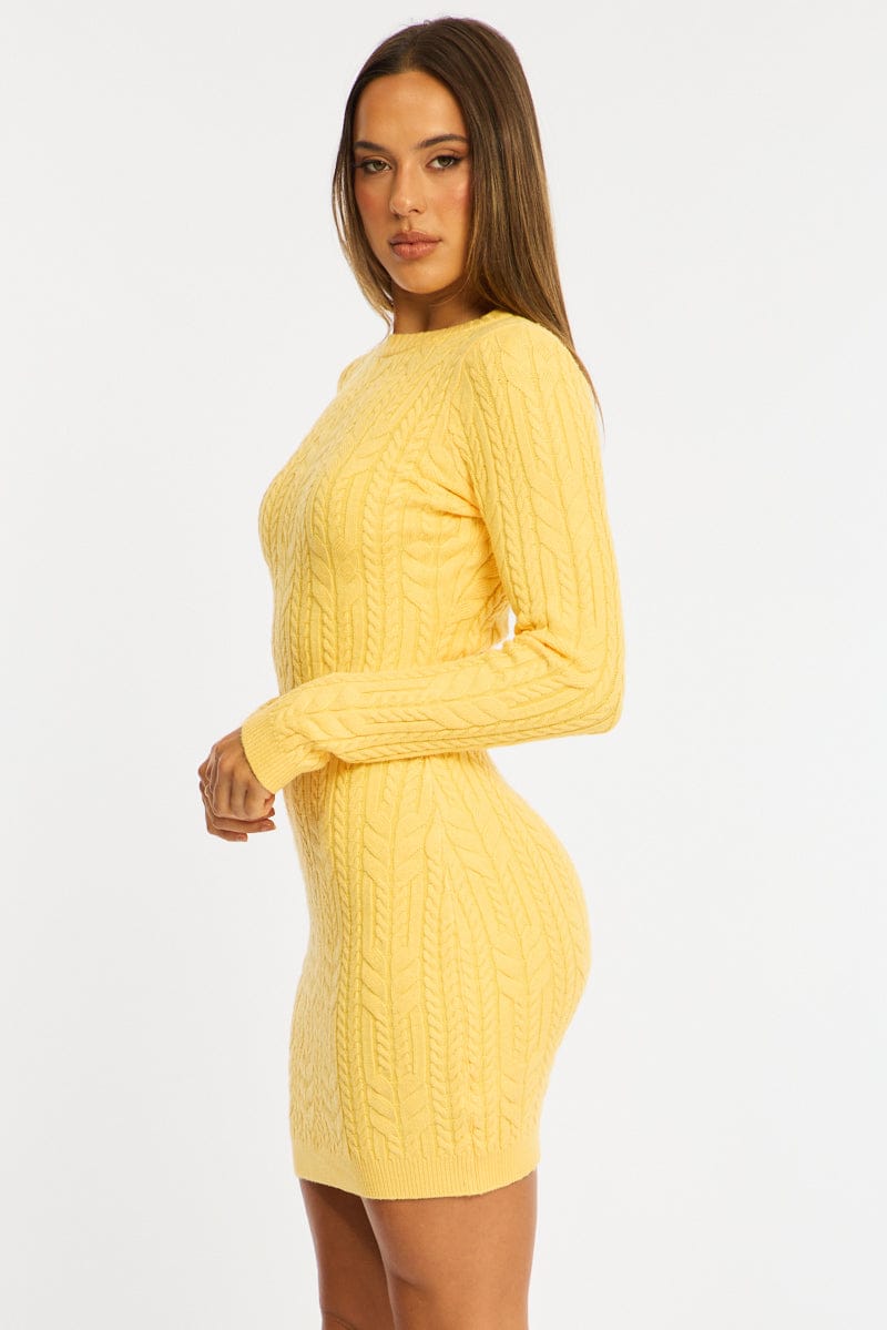Yellow Knit Dress Long Sleeve Cable Mini for Ally Fashion
