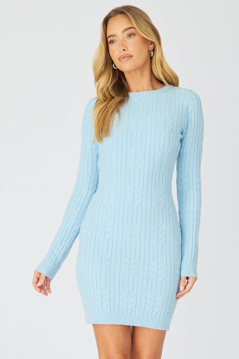 Blue Knit Dress Long Sleeve Cable Mini | Ally Fashion Blue Knit Dress Long Sleeve Cable Mini | Ally Fashion