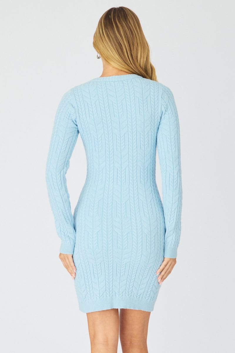 Blue Knit Dress Long Sleeve Cable Mini | Ally Fashion