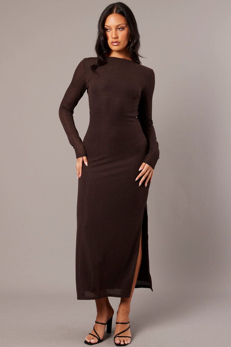 Brown Textured Dress Long Sleeve for Ally Fashion