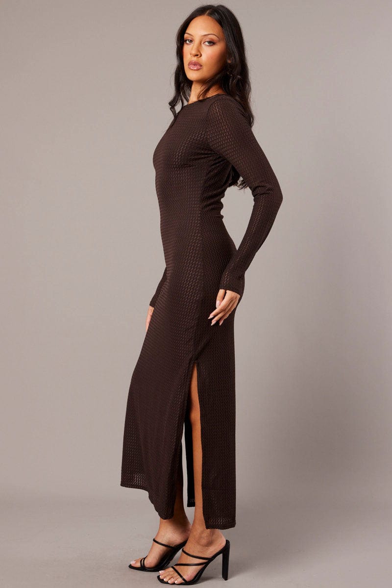 Brown Textured Dress Long Sleeve for Ally Fashion