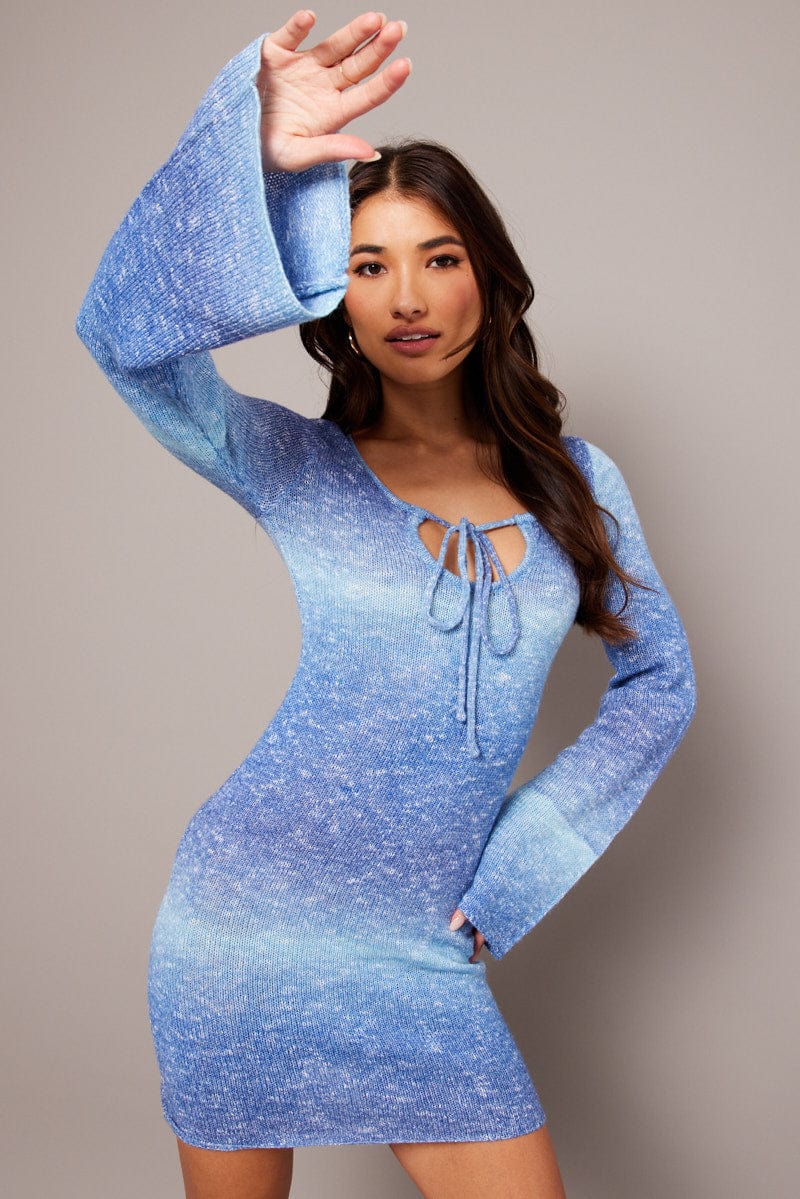 Blue Knit Dress Long Sleeve Mini for Ally Fashion