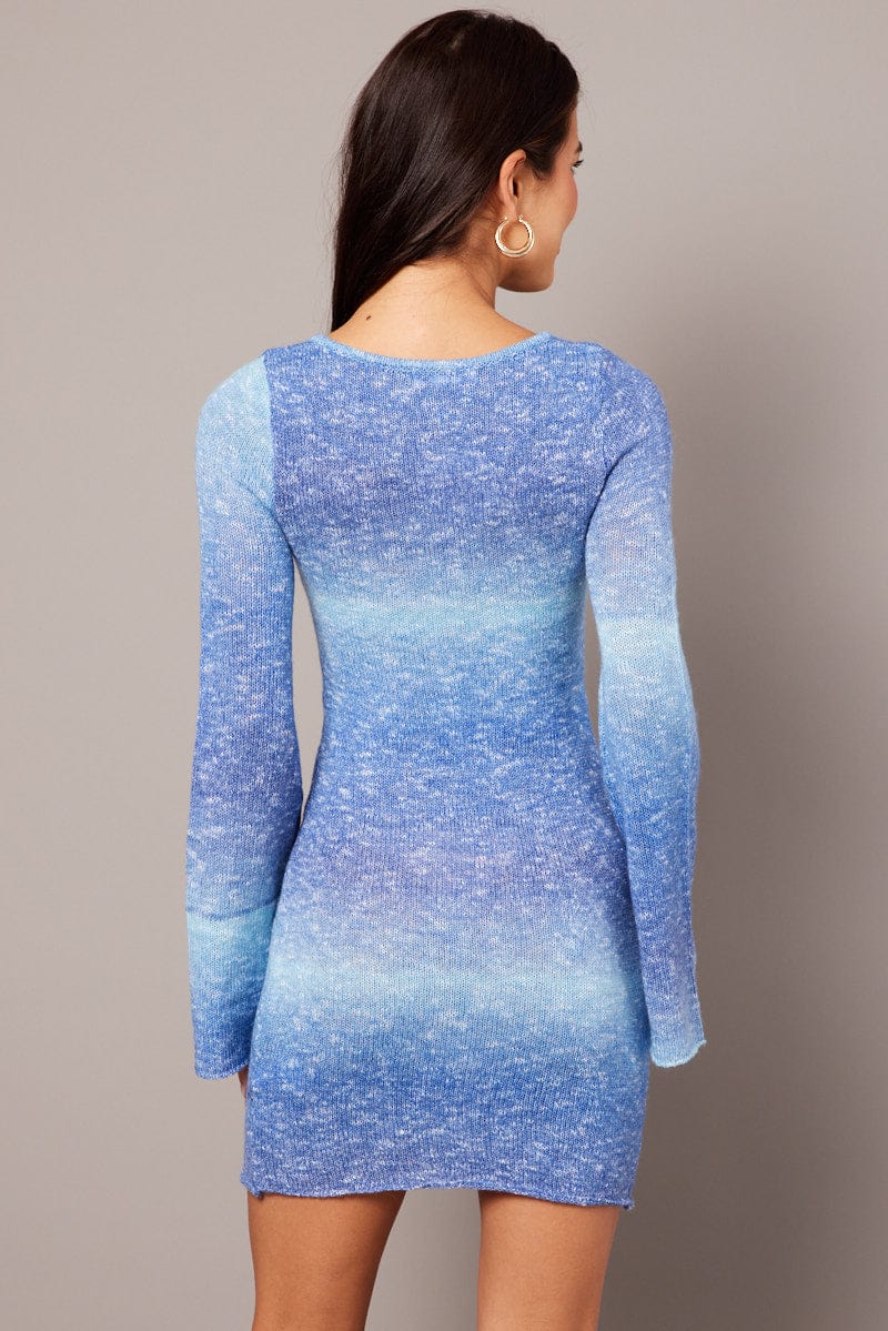 Blue Knit Dress Long Sleeve Mini for Ally Fashion