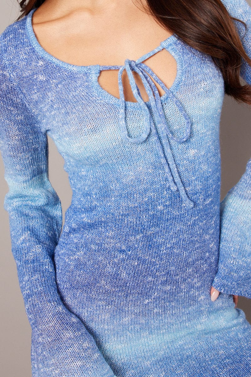 Blue Knit Dress Long Sleeve Mini for Ally Fashion