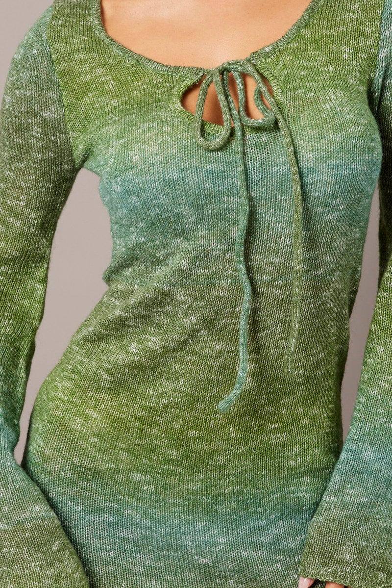 Green Knit Dress Long Sleeve Mini for Ally Fashion