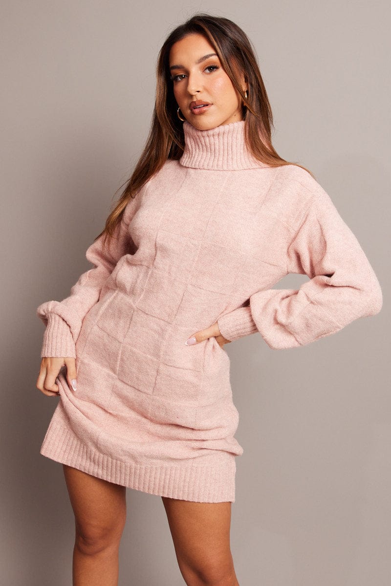 Pink Knit Dress Long Sleeve Turtle Neck for Ally Fashion