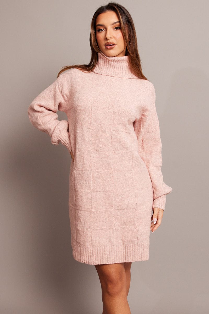 Pink Knit Dress Long Sleeve Turtle Neck for Ally Fashion