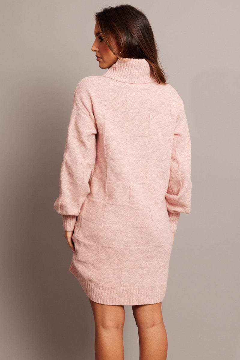 Pink Knit Dress Long Sleeve Turtle Neck for Ally Fashion