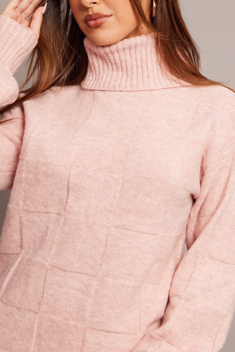 Pink Knit Dress Long Sleeve Turtle Neck for Ally Fashion