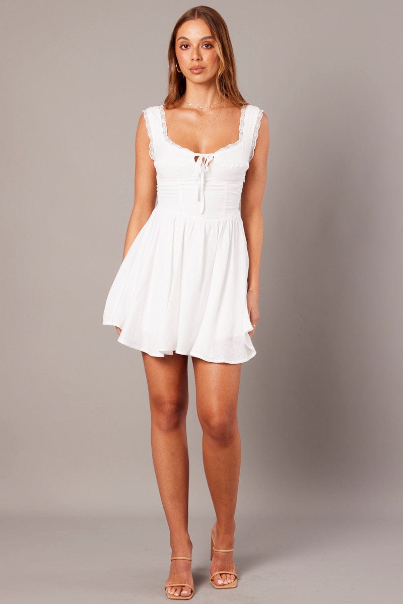 White Fit and Flare Dress Sleeveless Lace Trim for Ally Fashion