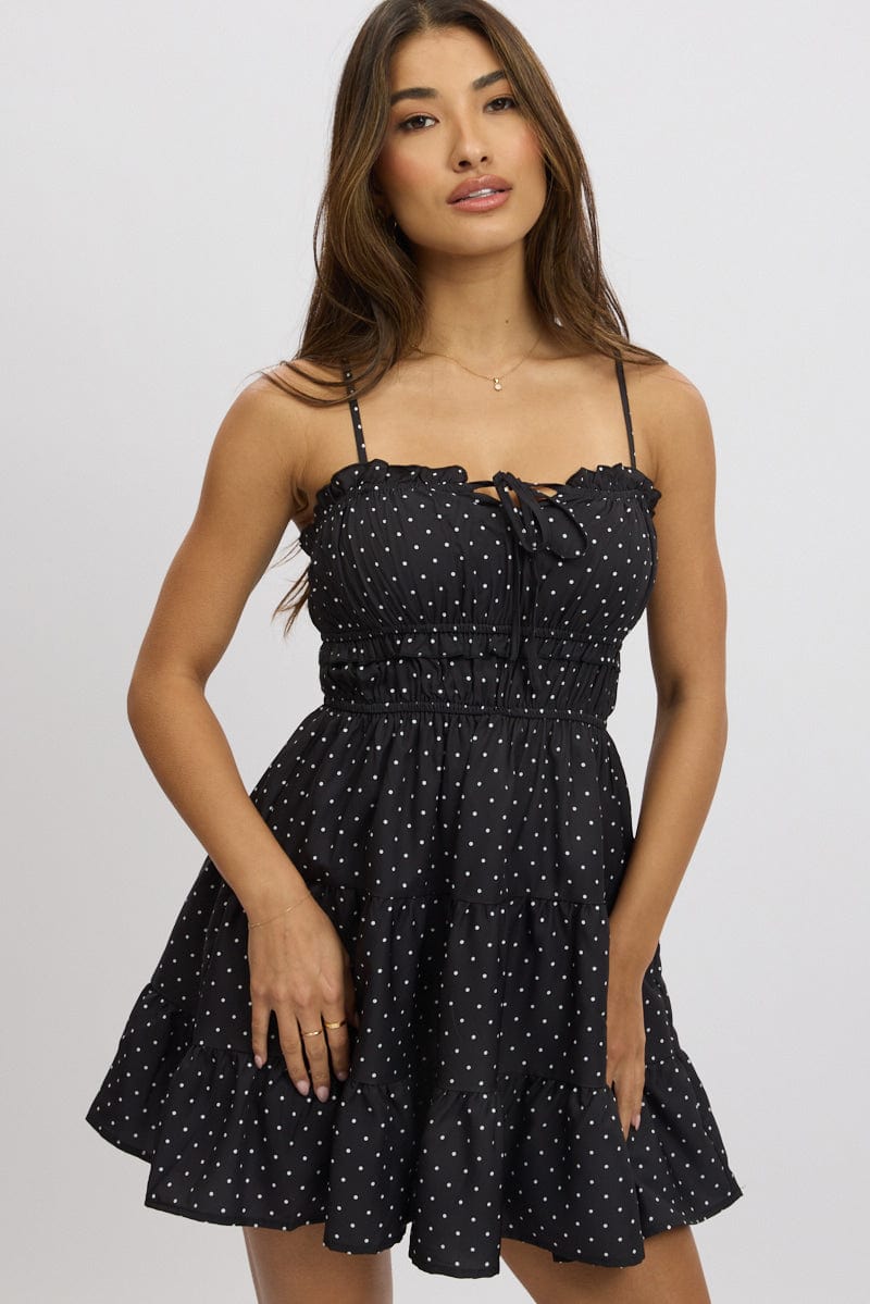 Black Polka Dot Fit And Flare Dress Mini for Ally Fashion