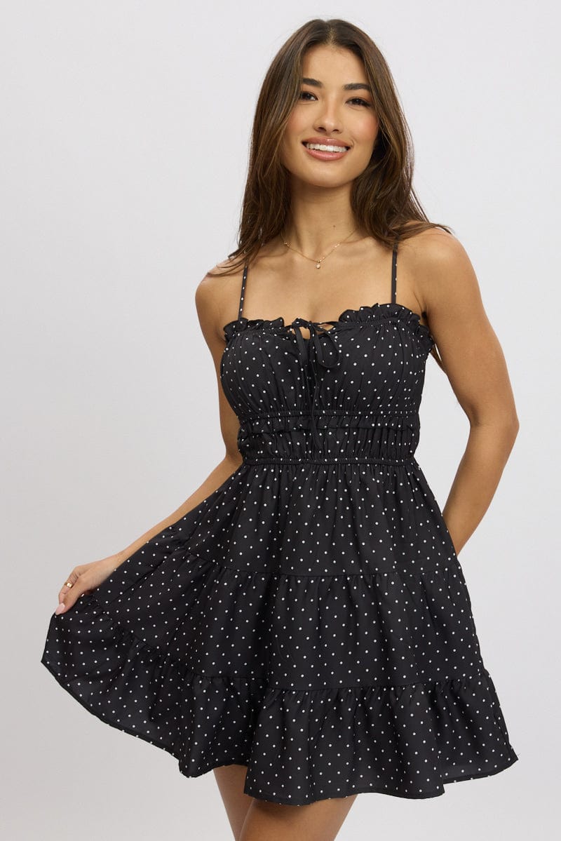 Black Polka Dot Fit And Flare Dress Mini for Ally Fashion