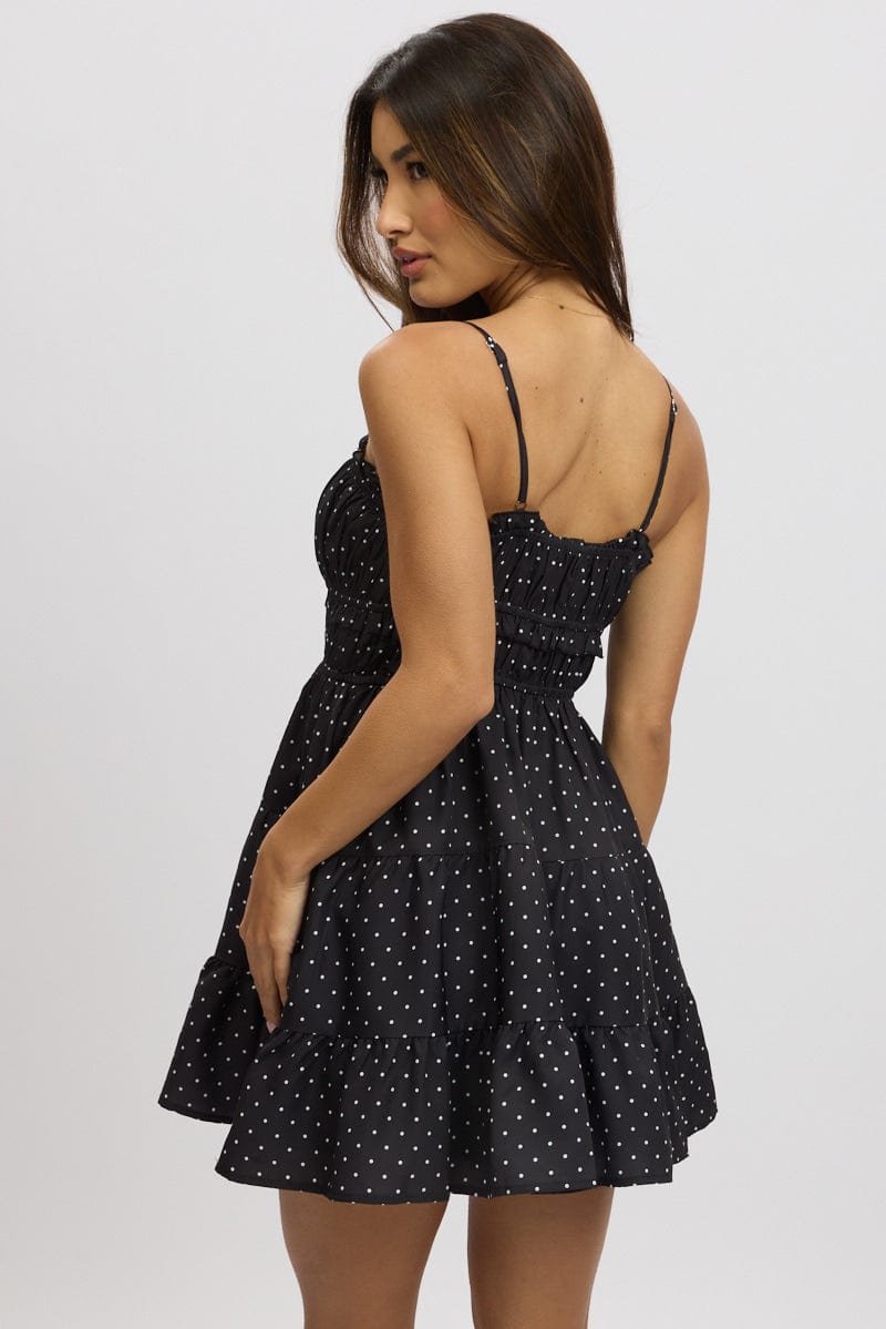 Black Polka Dot Fit And Flare Dress Mini for Ally Fashion