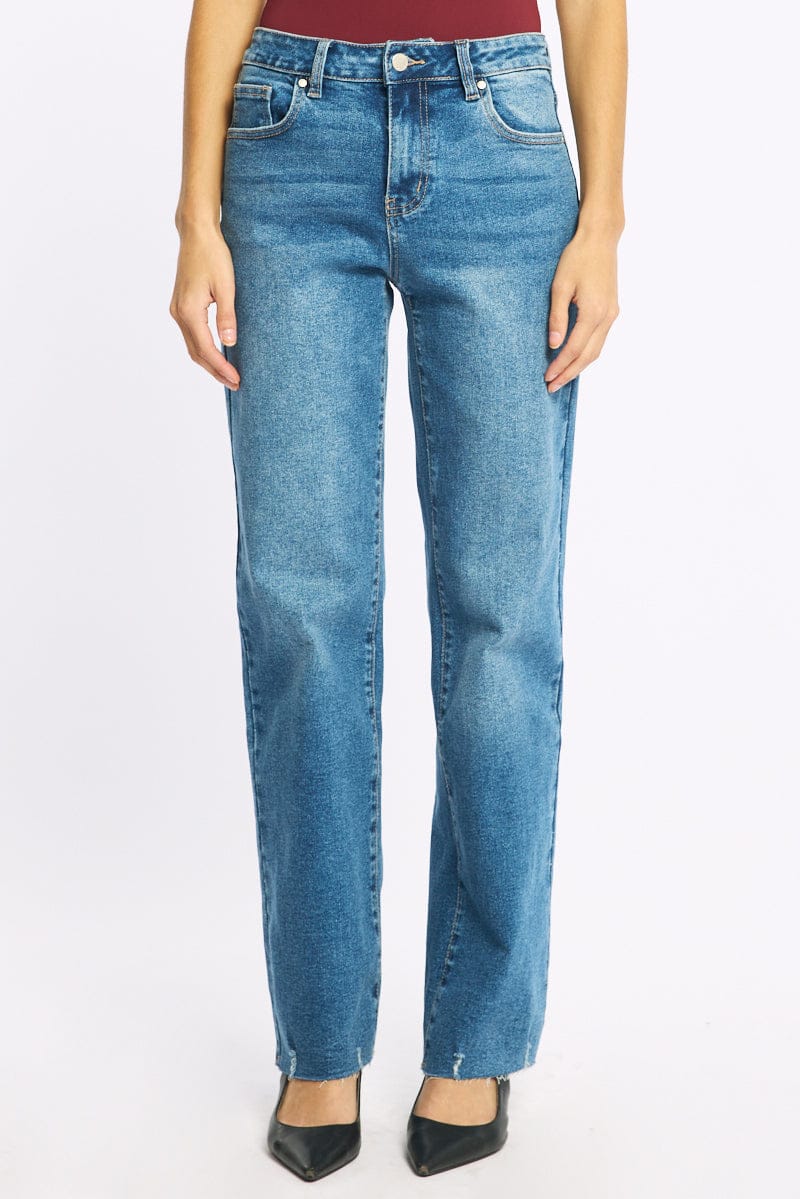 Denim Straight Leg Jean Distressed Hem for Ally Fashion