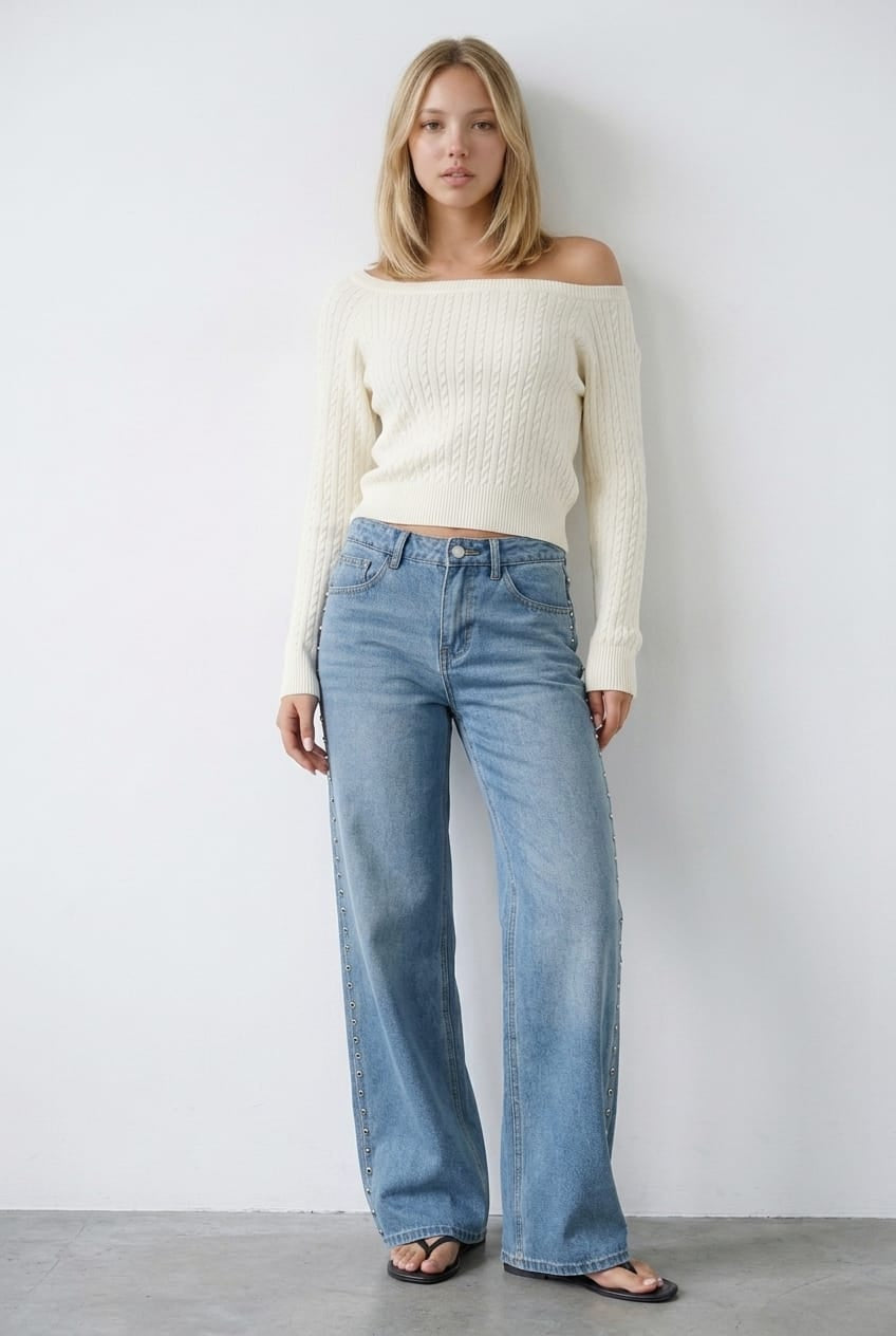 Denim Wide Leg Jean Mid Rise Studs