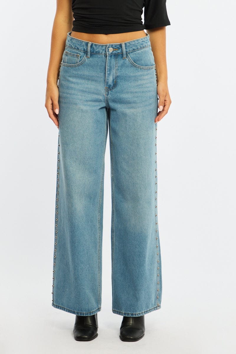 Denim Denim Wide Leg Jean Mid Rise Studs for Ally Fashion