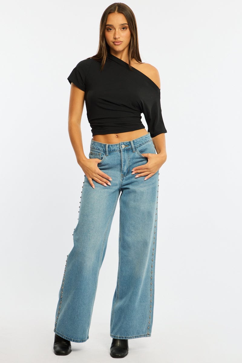 Denim Denim Wide Leg Jean Mid Rise Studs for Ally Fashion