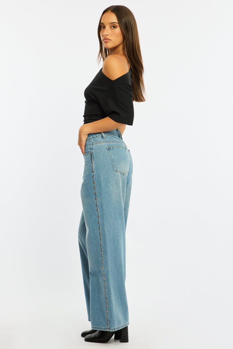 Denim Denim Wide Leg Jean Mid Rise Studs for Ally Fashion