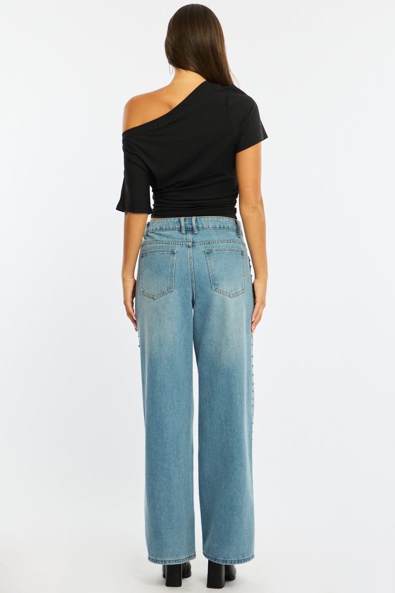 Denim Denim Wide Leg Jean Mid Rise Studs for Ally Fashion