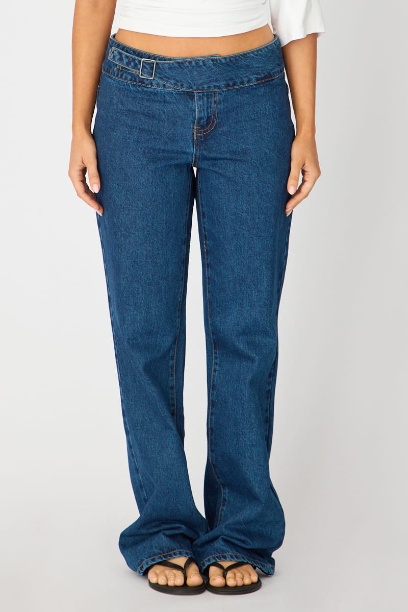 Denim Straight Jean Buckle Waist Detail Dark Wash for Ally Fashion