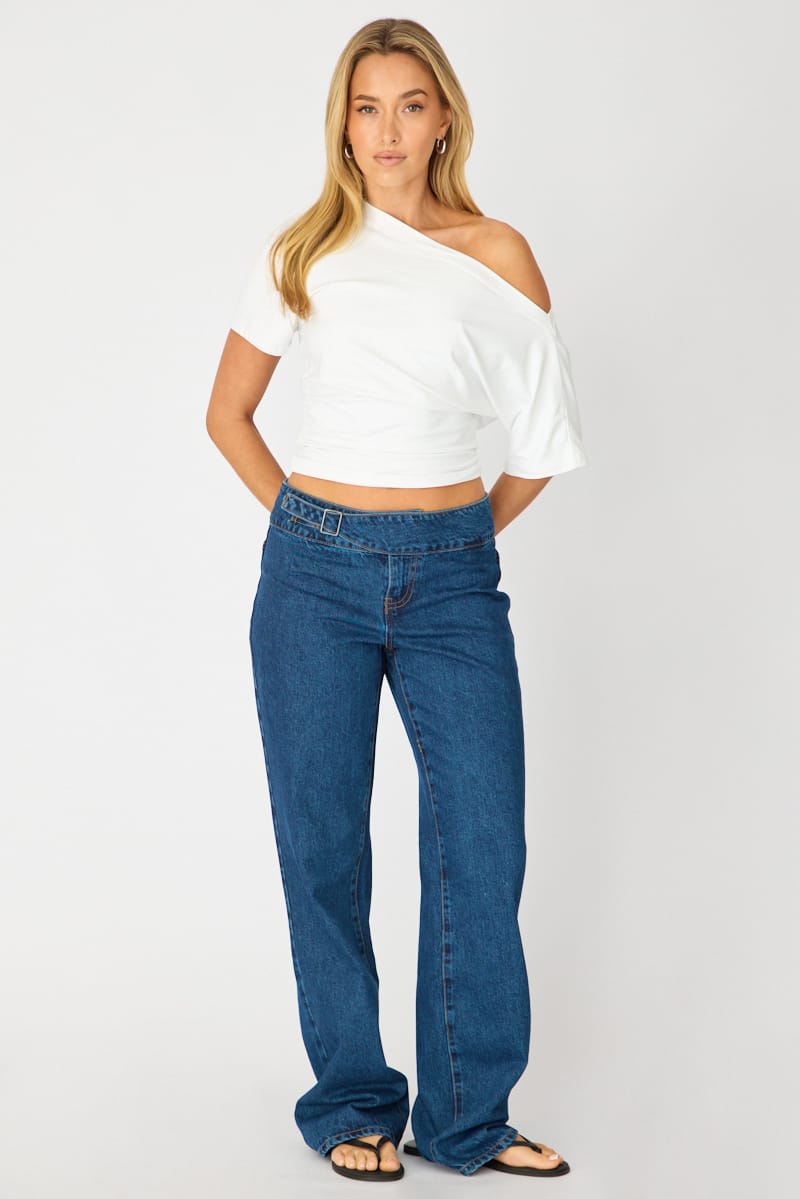 Denim Straight Jean Buckle Waist Detail Dark Wash for Ally Fashion