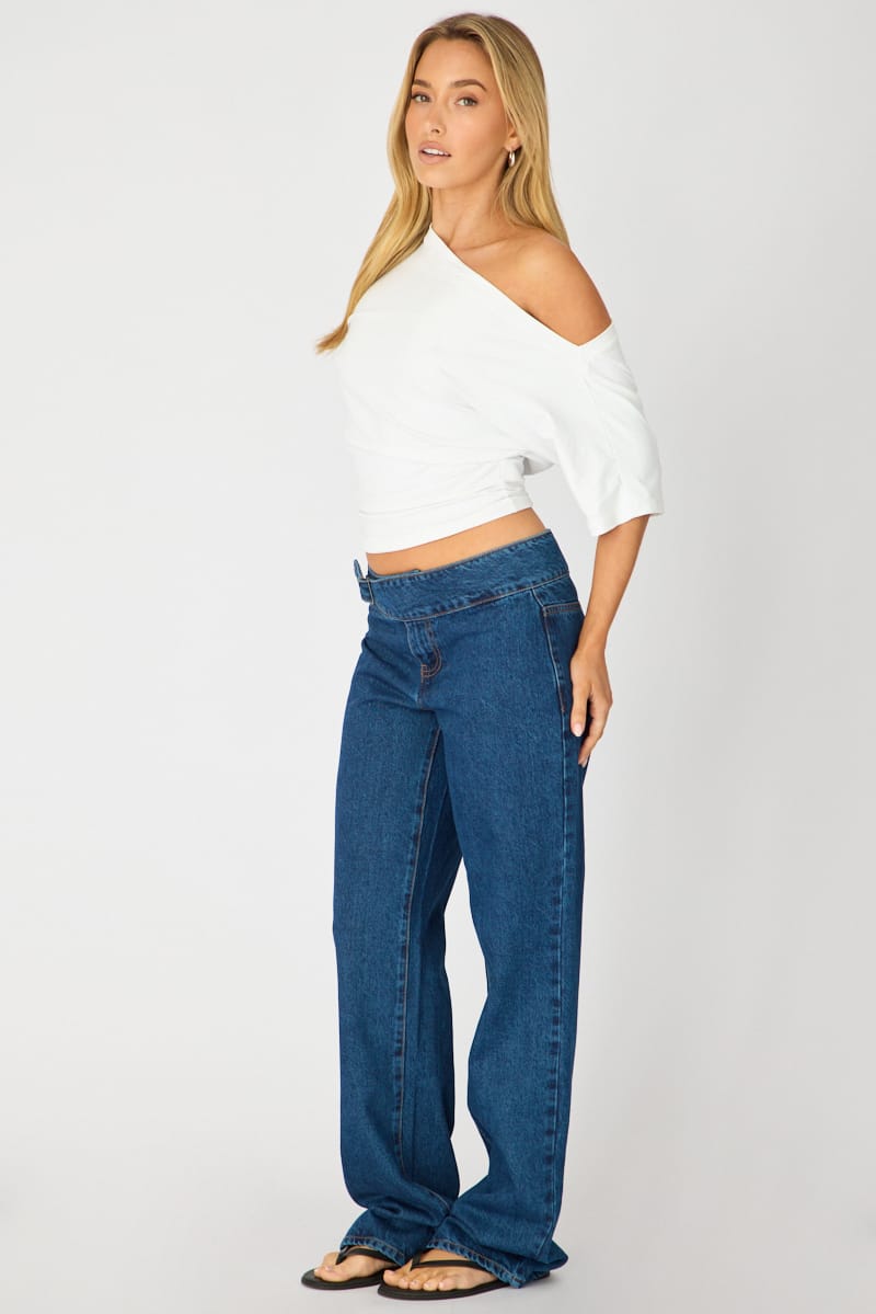 Denim Straight Jean Buckle Waist Detail Dark Wash for Ally Fashion