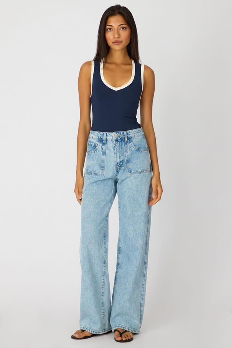 Denim Light Wash Wide Leg Jean Front Pocket Detail for Ally Fashion