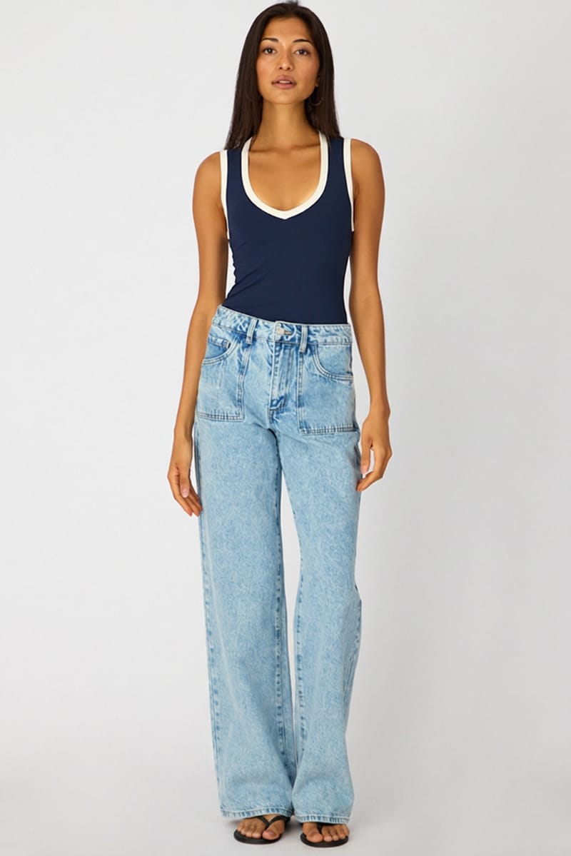 Denim Light Wash Wide Leg Jean Front Pocket Detail for Ally Fashion