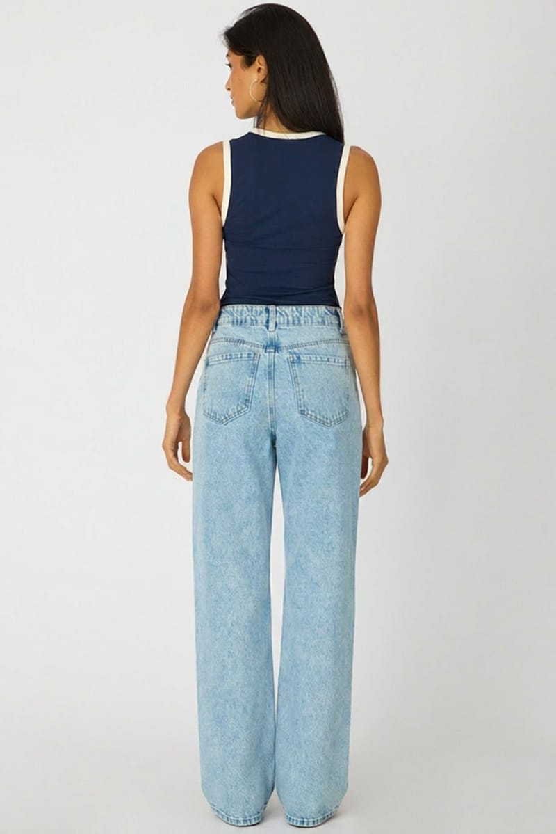 Denim Light Wash Wide Leg Jean Front Pocket Detail for Ally Fashion