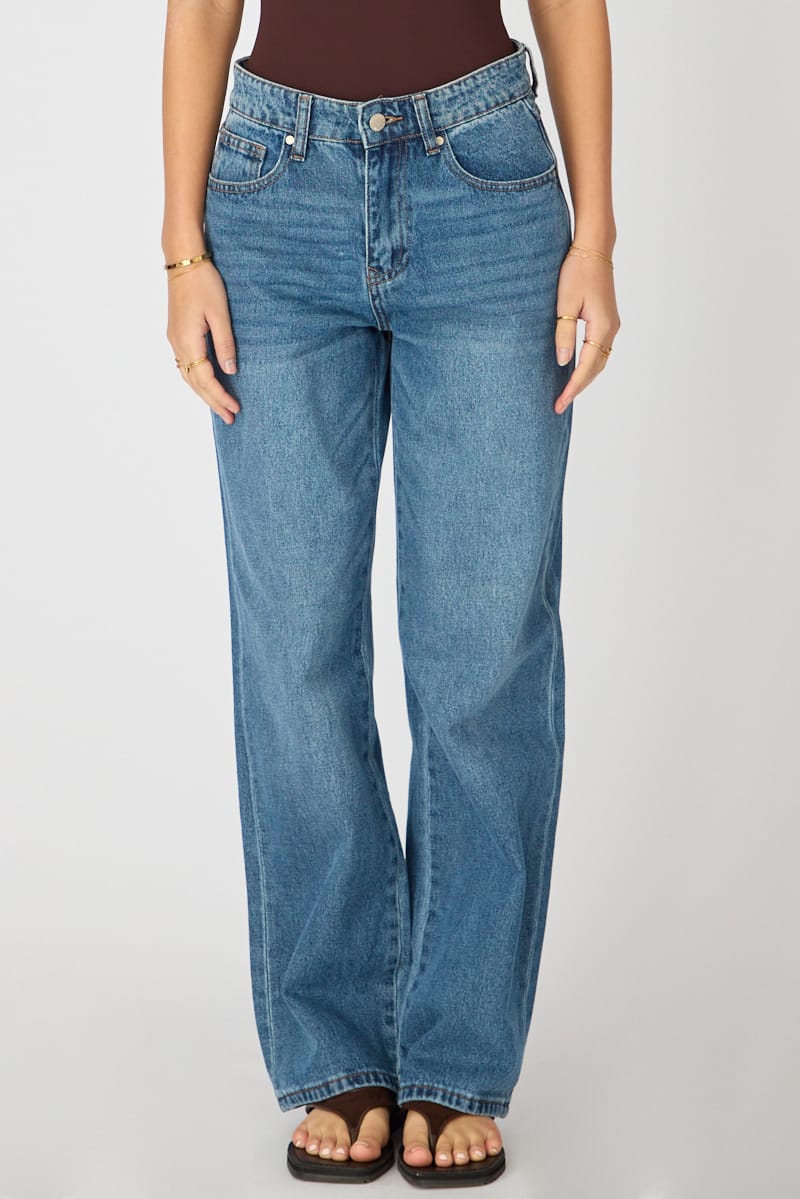 Denim Straight Jean Mid Rise Mid Wash for Ally Fashion